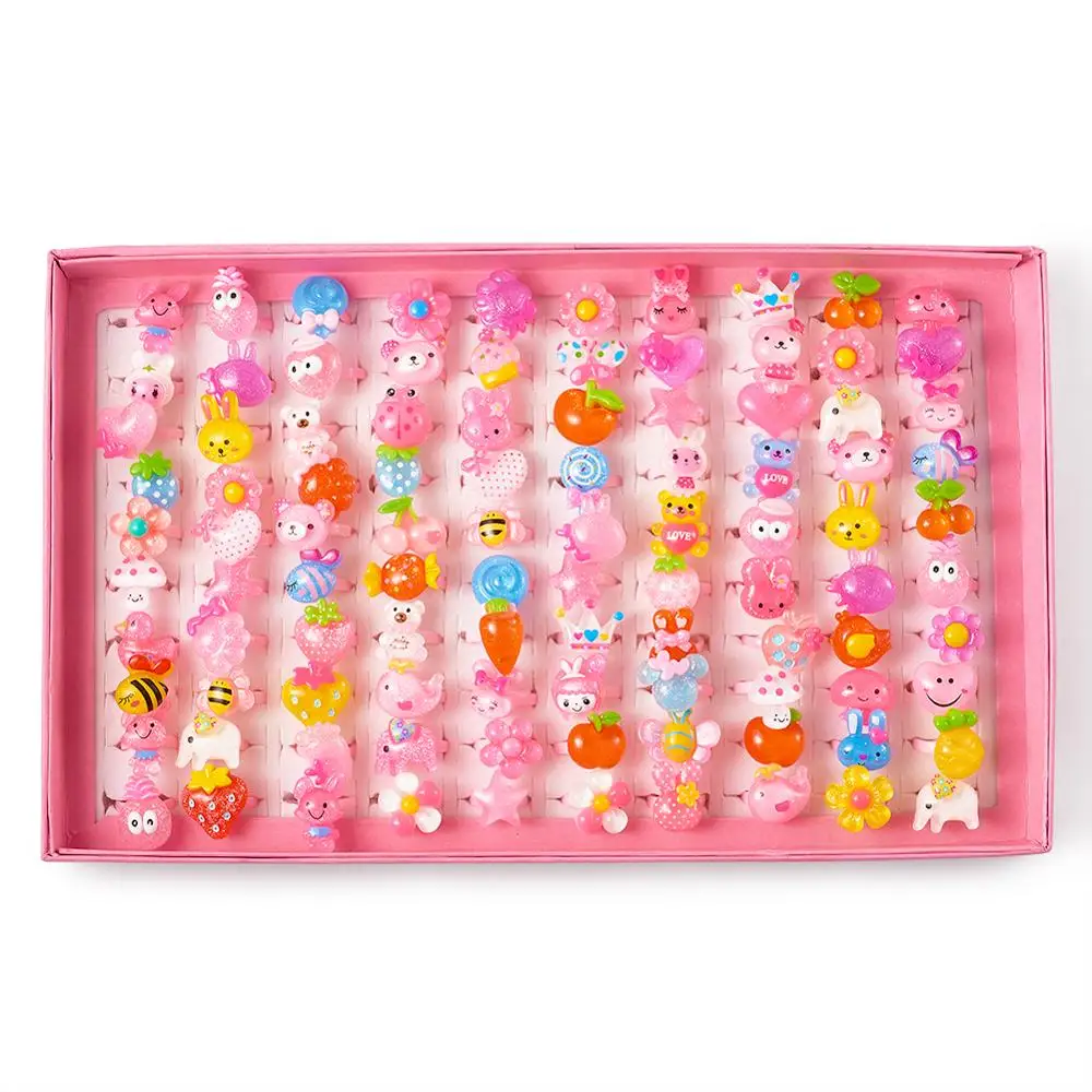 

100pcs/box 41mm Cute Children's Day Mixed Color Jewelry Plastic Kids Rings for Girls with Mixed Style Resin Cabochons Decoration