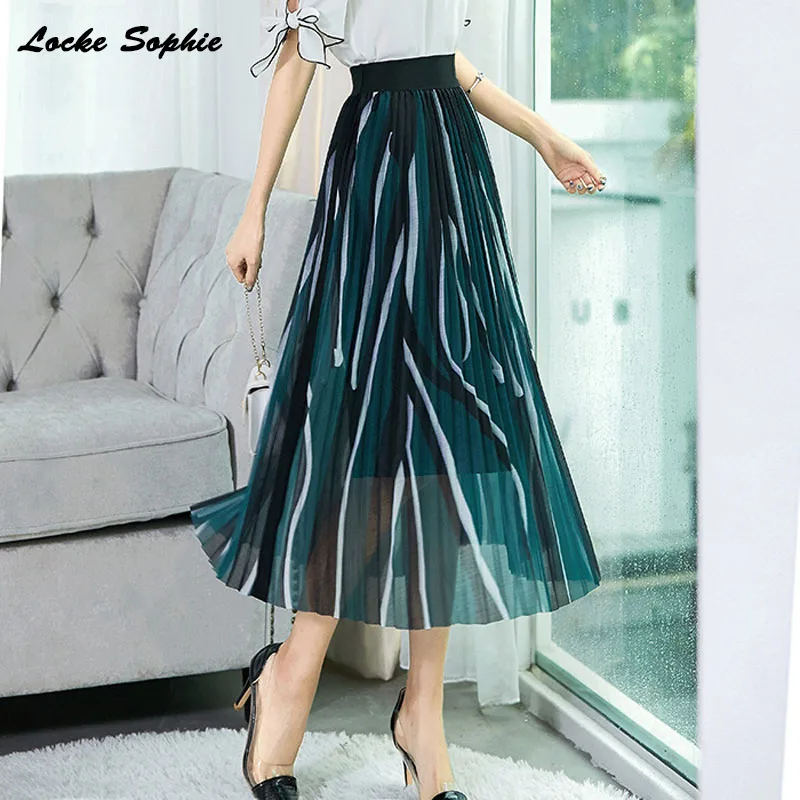 

1pcs Hight waist Women's Plus size Pleated skirts 2020 Spring mesh Chiffon Splicing stripe Pleated skirt Ladies Casual skirts