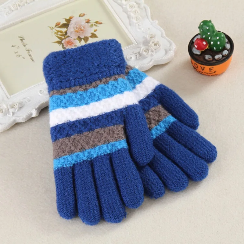 От 8 до 15 лет, детские вязаные толстые плюшевые теплые перчатки из кашемира, полосатые перчатки для мальчиков и девочек C34 - Цвет: Blue