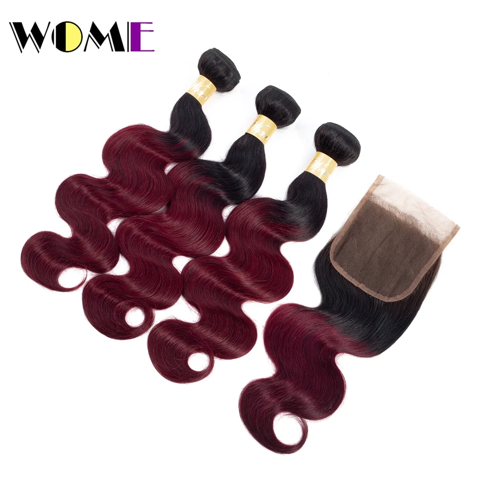 Цена Женские 1B 99J волос Ombre Связки с закрытием перуанский объемной волны 100% человеческих волос 3 Связки с закрытием Nonremy толстые волос