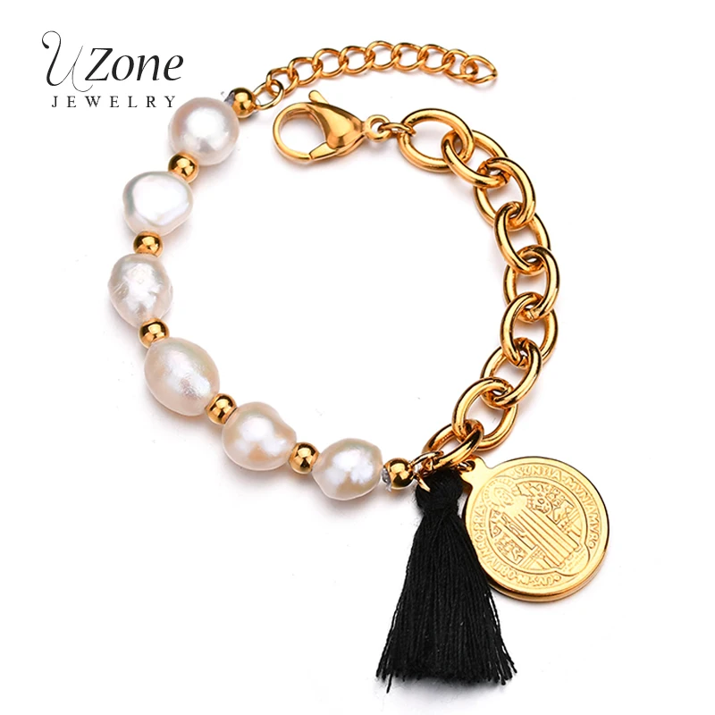 

UZone Charm Bracelet For Women Baroque Simulated Pearl Black Tassels Jesus Bangle Christ Prayer Gift Religious Jewelry Wholesale