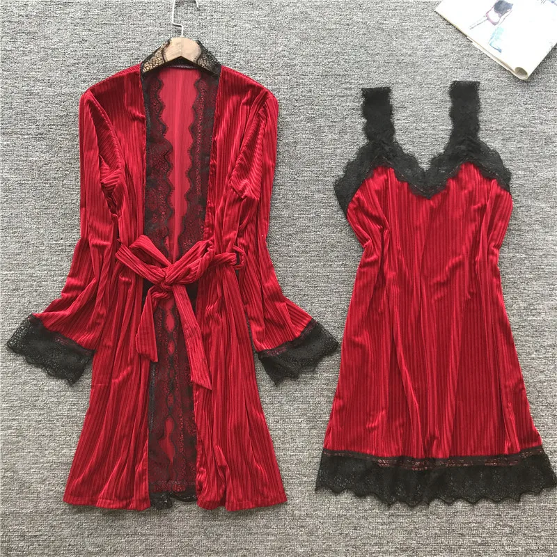

Lisacmvpnel Autumn New Velvet Lace Women Robe Set Keep Warm Korean Fashion Pijama