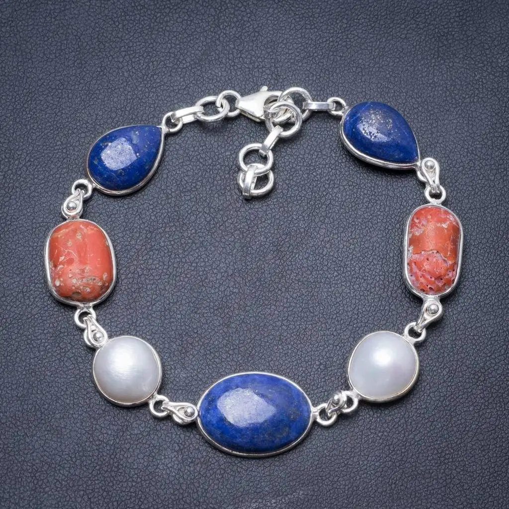 

Lapis Lazuli,Pearl and Red Coral 925 Sterling Silver Bracelet 7 1/2-8 1/2" Y2888