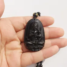 Высококачественный натуральный черный Обсидиан Резной талисман с Буддой кулон ожерелье для женщин и мужчин Подвески Ювелирные изделия 50*32 мм
