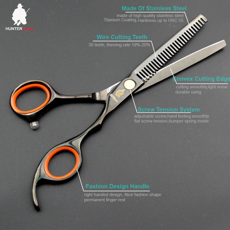 

30% Off HT9126 HUNTERrapoo Black Titanium Coated Haircut Thinning Shears 6 inch barber Scissors For Hairdressing Salons Tools