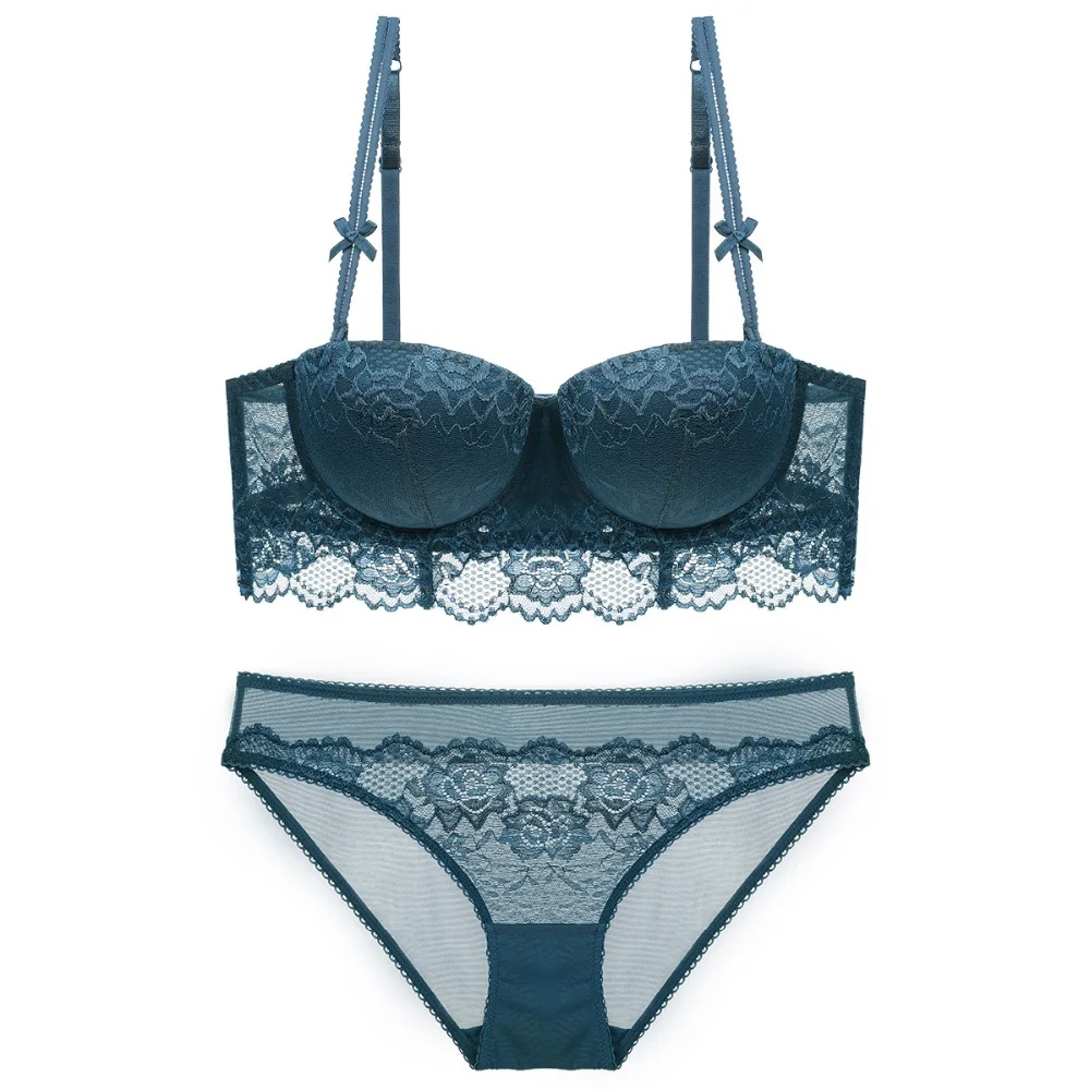 

Lace embroidery half cup push up young girls dress underwear sets sexy women bra set adjustable intimates transparent lingerie