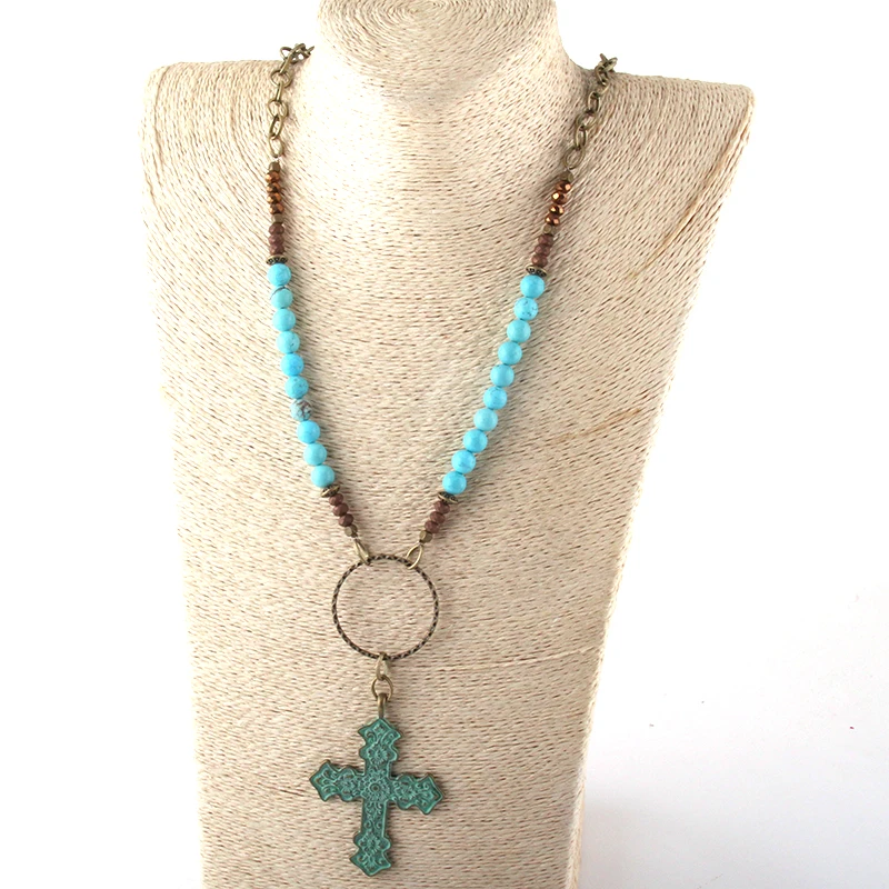Модные ювелирные изделия Turq камень длинная цепь металлический крест и подвески ожерелья для женщин национальное ожерелье
