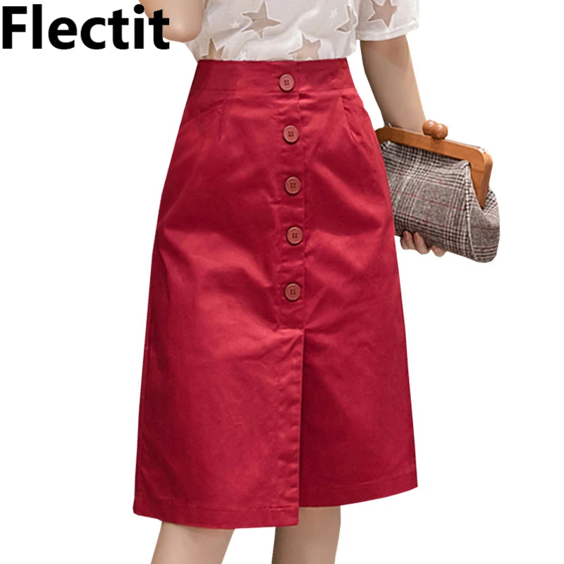 

Flectit 2019 New Casual Button Front Knee Length A-Line Skirt with Pocket Slit Womens Plus Size Twill Midi Skirt Saia Feminina *