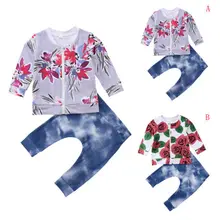 Одежда для новорожденных девочек; топы с длинными рукавами на молнии с цветочным принтом+ рваные джинсы; брюки; хлопковая одежда