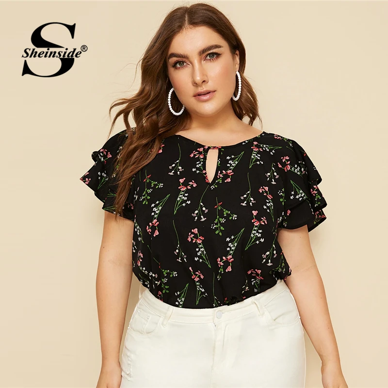 Sheinside Плюс Размер Повседневная многослойная блузка с рукавом для женщин летние элегантные блузки с цветочным принтом Дамские топы