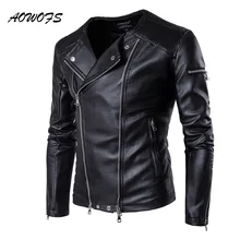 AOWOFS, весенние кожаные куртки для мужчин, без воротника, мотоциклетная куртка для мужчин, приталенная, на молнии, мужские куртки, пальто, кожаные, байкерские