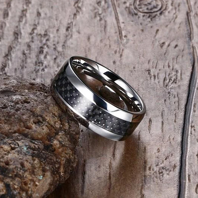 Men's Rings Stainless Steel Inlay Black Carbon Fiber Rings for Women Men Fashion Wedding Band Jewelry anel masculino