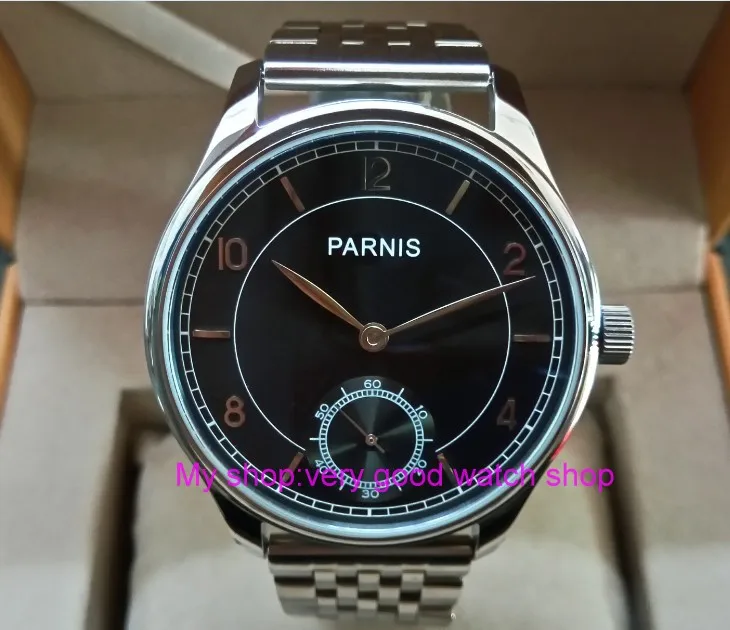 

44mm PARNIS Asian 17 jewels ST3621/6498 Mechanical Hand Wind movement black dial Stainless steel strap men's watches sdgd46A