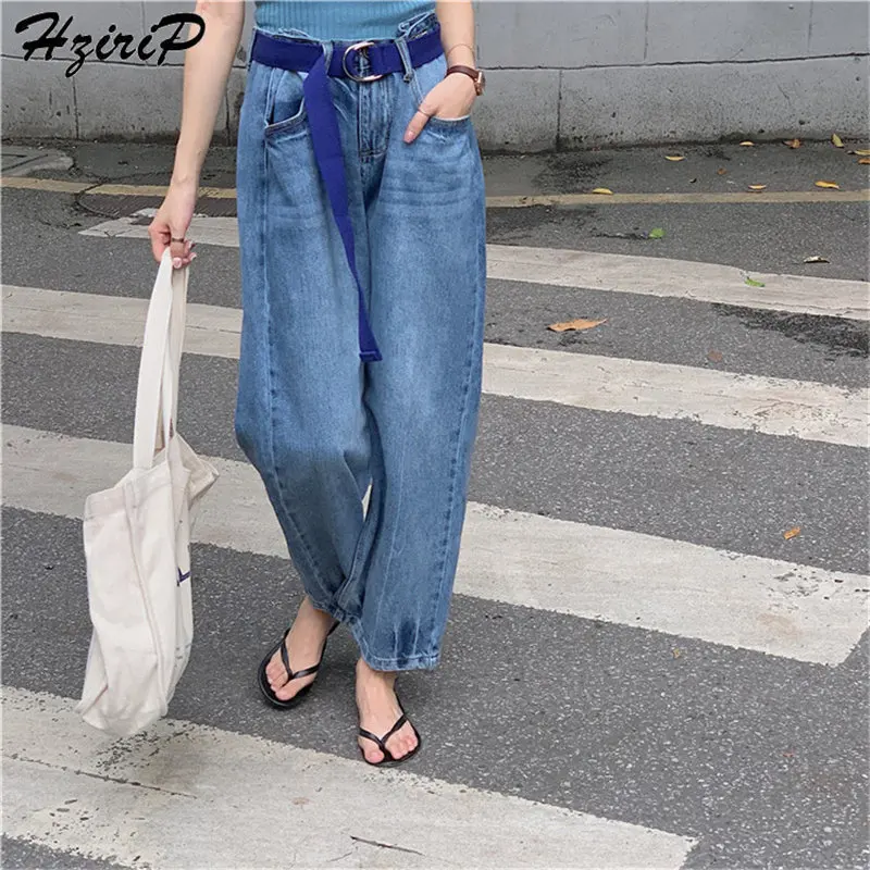 

HziriP Korea High Waist Slim Denim Pants Women Fashion 2019 Autumn Spring Sweet Wild New Blue Woman Casual Straight Pants