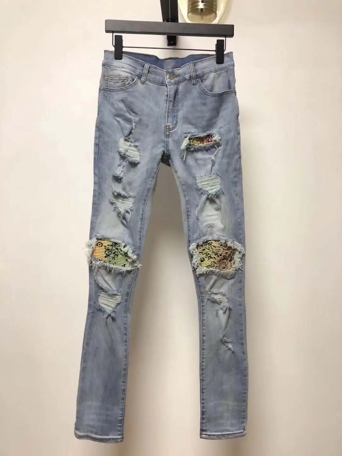 

men art rainbow ribbed patches skinny distressed jean