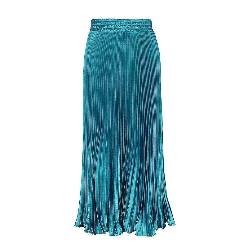 Корейская атласная шелковая плиссированная юбка для женщин, одноцветная винтажная юбка миди, элегантные юбки трапециевидной формы с высокой талией для весны и осени - Цвет: Light Blue