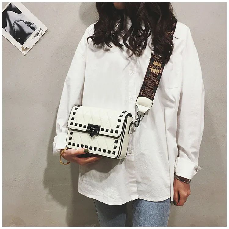 Women's Fashion Rivets Crossbody bag Luxury Brand PU leather Shoulder Bags Female Red Punk Style Wide Strap Street Handbag Purse (38)