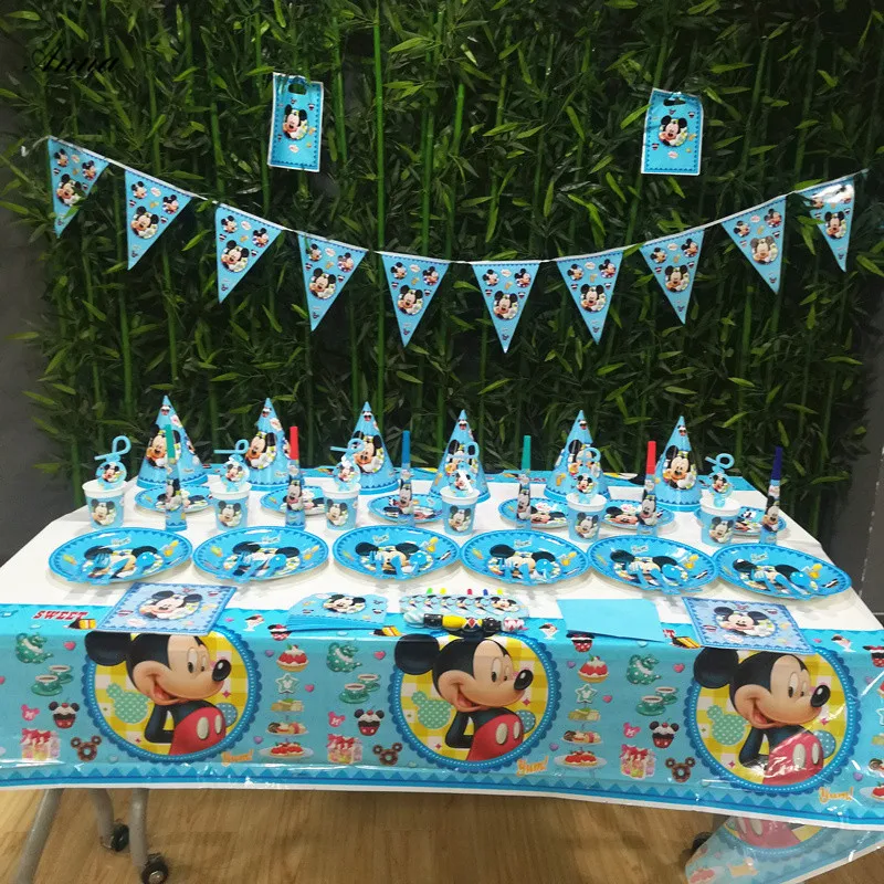 

Mickey Mouse Party Supplies Tableware Set Napkin Paper Plate Cup Flag Tabelcloth Napkins Straws Card Party Decoration Favor Gift