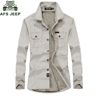 AFS JEEP рубашка мужская зимняя флисовая Толстая теплая с длинным рукавом мужская рубашка Chemise Homme Военная Повседневная мужская рубашка размера плюс M-6XL - Цвет: Beige