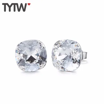 

TYTW Pure 925 Sterling Silver Earring Crystals from Austrian Women korean big earrings Square white red Blue Crystal Earbob