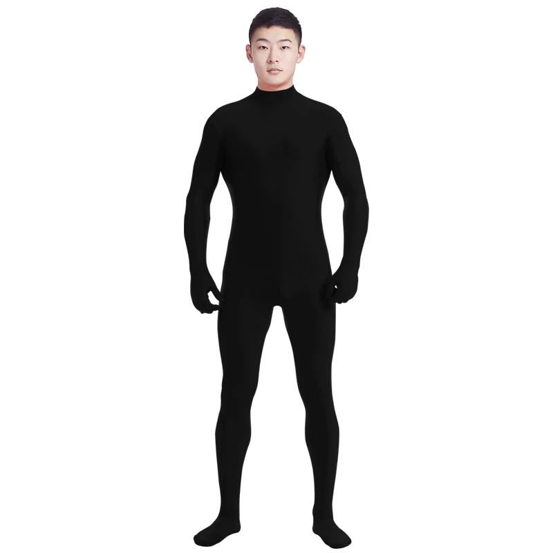 Ensnovo Men Lycra Spandex Suit Turtleneck Black Unitard One Piece Full