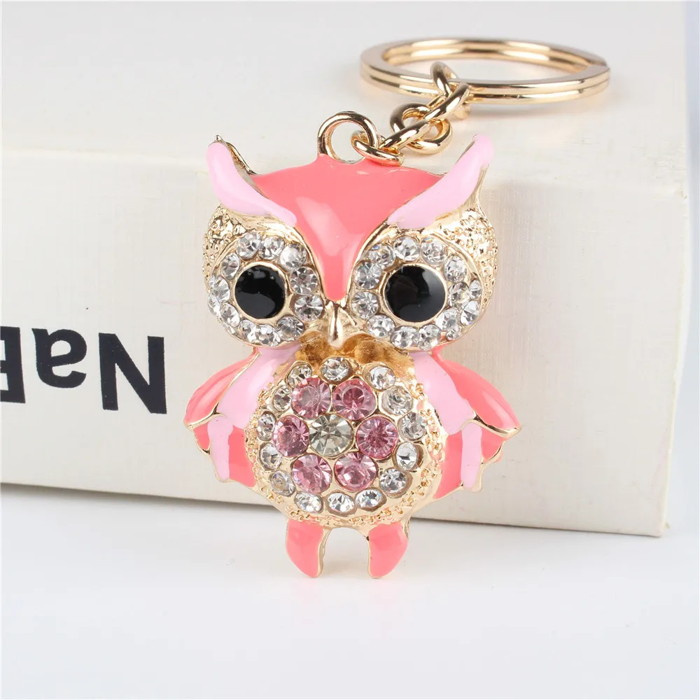 Pink Rhinestone Crystal Owl Charm Keyring Key Chain Purse Bag 