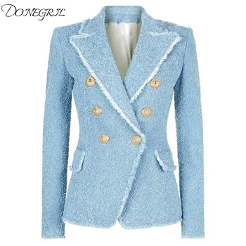 

New Fashion 2019 Designer Blazer Women's Double Breasted Lion Buttons Tassel Fringe Tweed Blazer Jacket