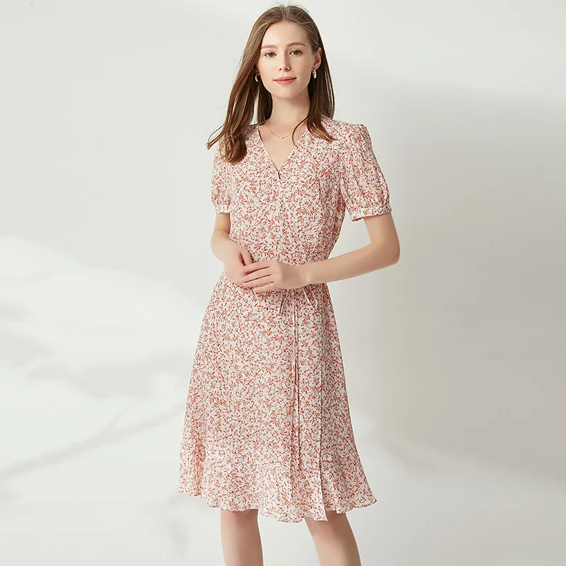 

Summer Pink Print Silk Dress Midi A Line Warp Dresses Sweet Big Size sukienka letnia Short Sleeve Cute zomerjurk dames 2019 Chic