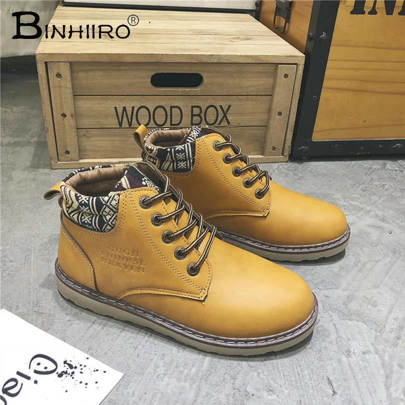 

BINHIIRO Spring Autumn Boots Men PU Leather Chelsea Boots Round Toe Lace-Up Ankle Strap Solid Brown Khaki Black Flat Men Boots