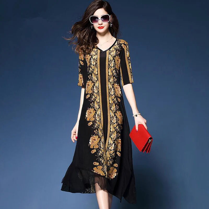 

Elegant Long Silk Dresses Ladies V-Neck Short Sleeved Loose Floral Printed Dress Female Vintage Party Robe Vestidos Plus Size