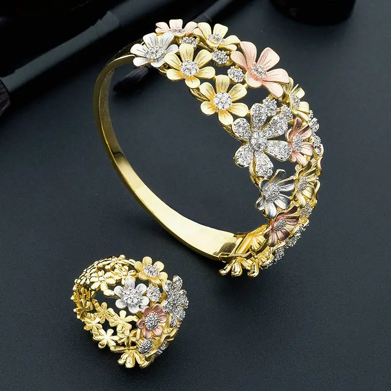 ModemAngel Роскошные цветы лист три тона медь подарок на помолвку браслеты браслет и кольцо набор для женщин