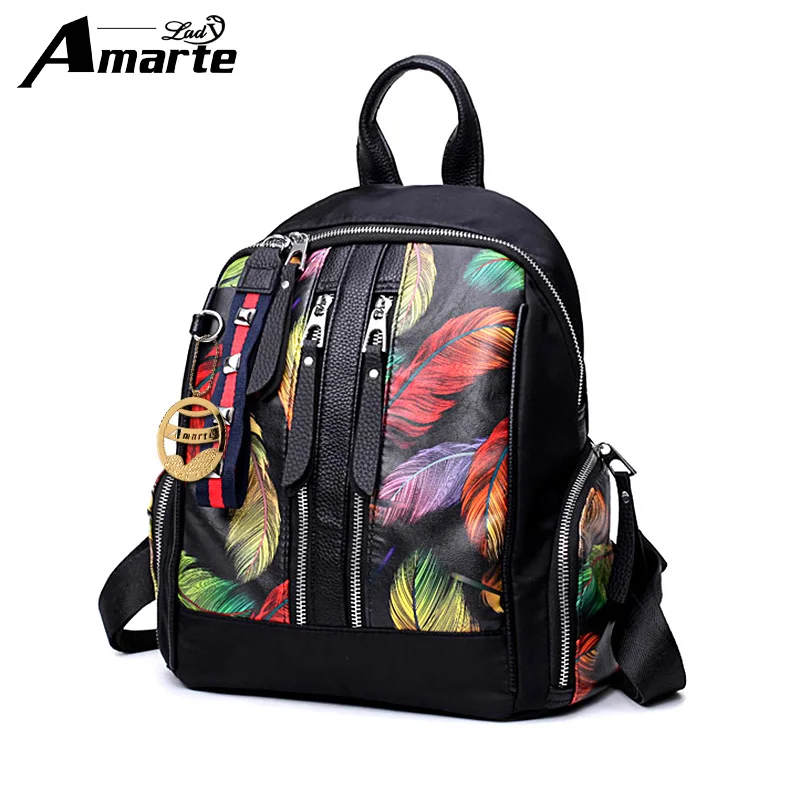 

Amarte Nylon+PU Backpack Female Black Women Bag Bags for Women 2019 New Design Backpacks for Adolescent Women Printing Bacpack