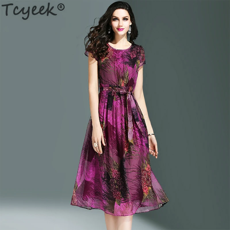 

Tcyeek Silk Dress Women Print Purple Party Dress Elegant Long Slim Summer Beach Dress Vintage Dresses Plus Size Vestidos LWL1463