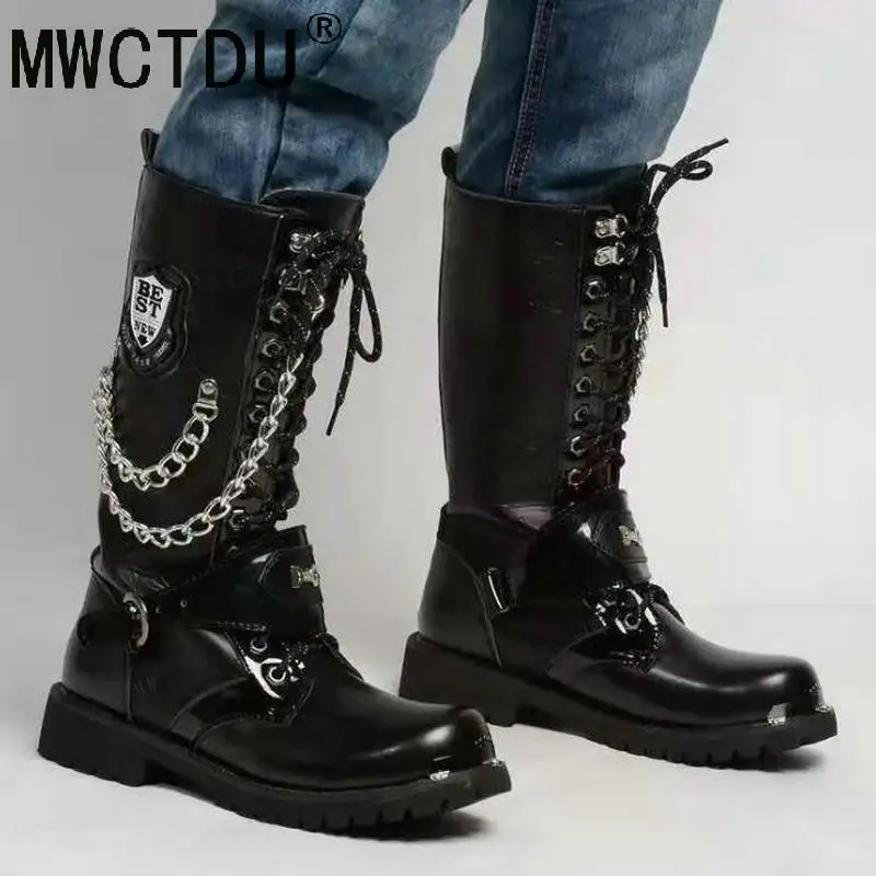 MWCTDU Army Boots Men High Military Combat Men Boots Mid Calf Metal Chain Male Motorcycle Punk Boots Spring Men's Shoes Rock