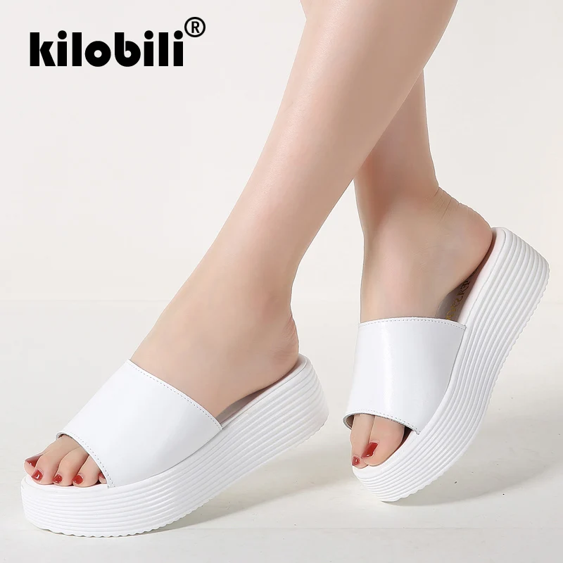 Kilobili/2019 г. летние женские шлепанцы черно белые Тапочки из натуральной кожи с