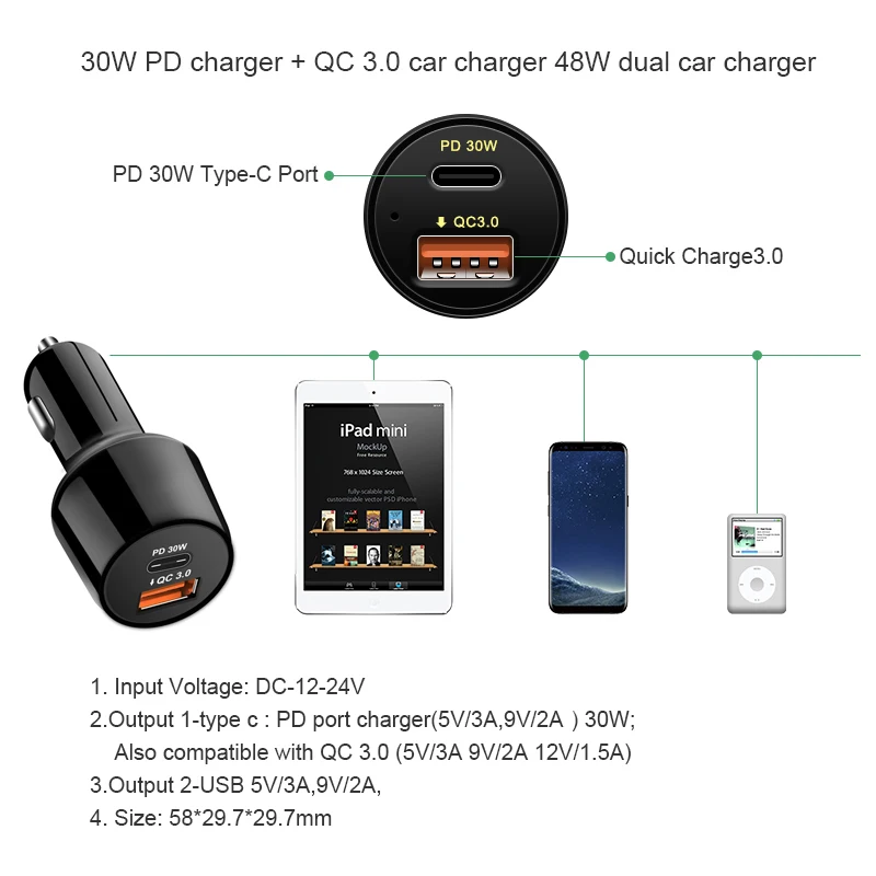 YOJOCK 48 واط USB نوع-C سيارة شاحن الطاقة تسليم المزدوج USB شحن الهاتف محول سريعة تهمة 3.0 ل فون X 8 زائد سامسونج