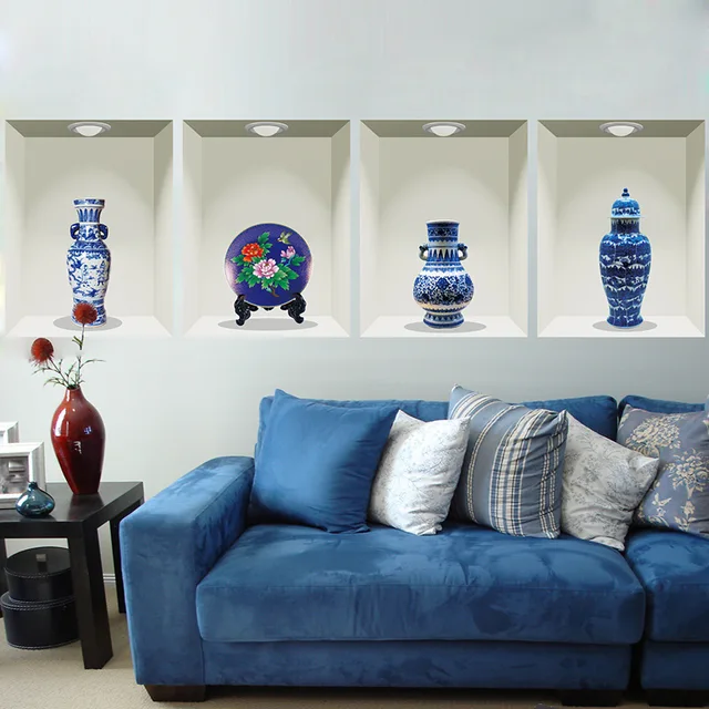 3d vintage blue and white porcelain wall sticker creative wall