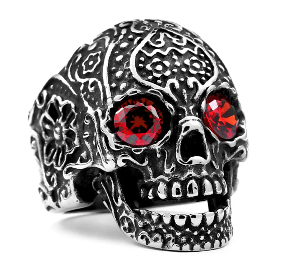 

Vintage Garden Flower Skull Ring Red Crystal Eye Black Steel Mens Rings Fashion Jewelry Wholesale Price
