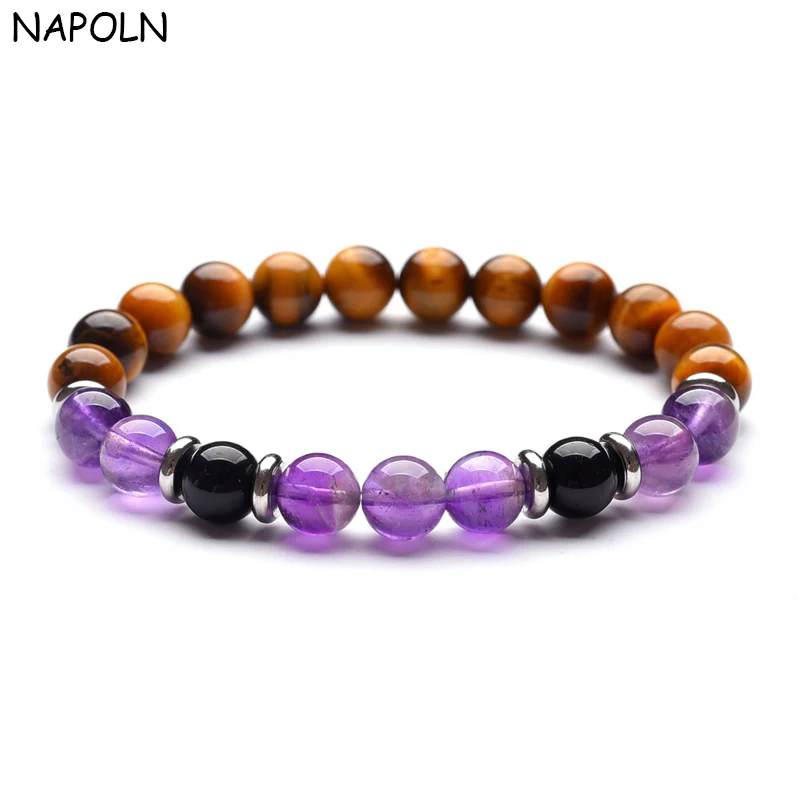 

NAPOLN Purple Bracelets For Women Tiger Eye & Black Onyx Mens Bracelet Natural Stone Mala Bracelets Jewelry Dropshipping