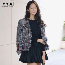 Высококачественная твидовая куртка женская куртка с показа осень зима женские твидовые куртки пальто с кисточками жемчужные Лоскутные верхние пальто