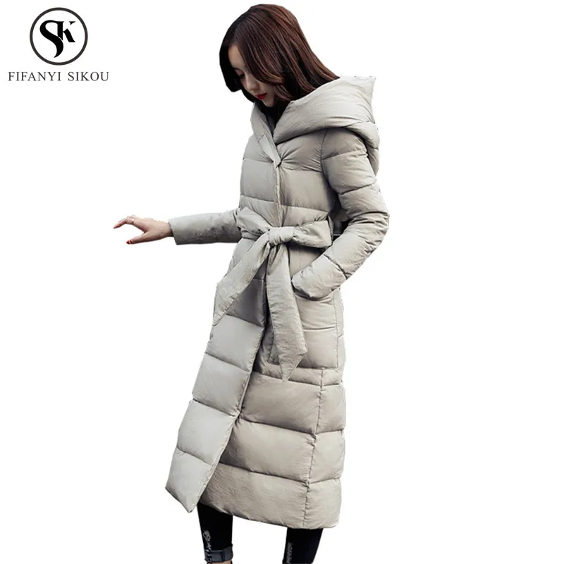 Зимнее пальто женские плотные теплые модные регулируемой талией Длинные хлопковые пальто дамы Повседневное элегантные высококачественные пальто LP41