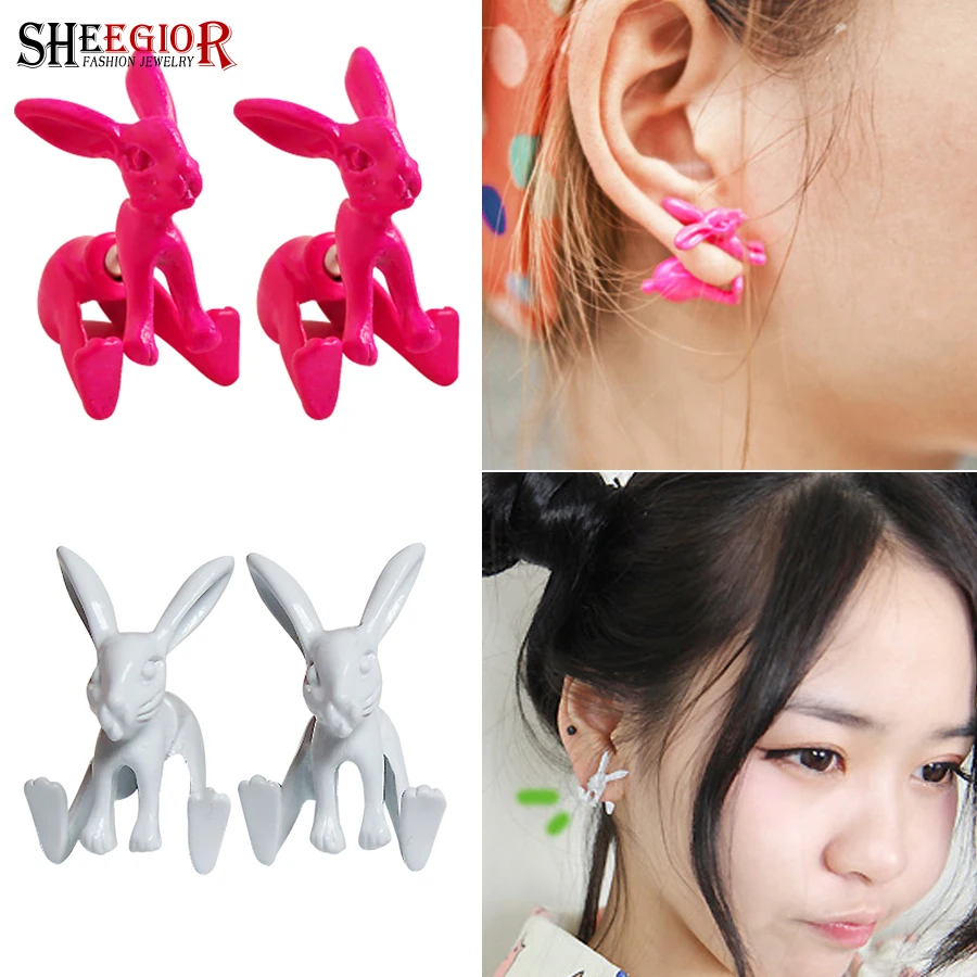 

SHEEGIOR Korean Lovely Mini Stud Earrings for Women Pink Green Orange White 3D Stereoscopic Rabbit Earring Fashion Jewelry Gifts