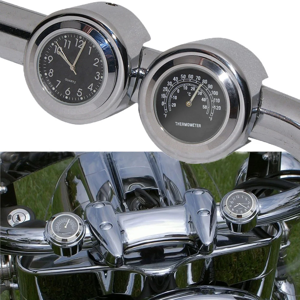 Black Motorcycle Handlebars Dial Clock Watch Temp Thermometer Universal