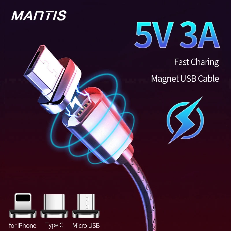 Магнитный кабель Micro USB MANTIS 3A для быстрой зарядки iPhone X XS type C, зарядное устройство USB C, магнитный кабель для телефона samsung Xiaomi