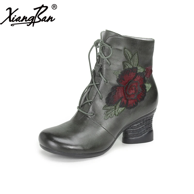 

Xiangban brand Martin boots women cow leather winter shoes lace up women short boots thick heel round head