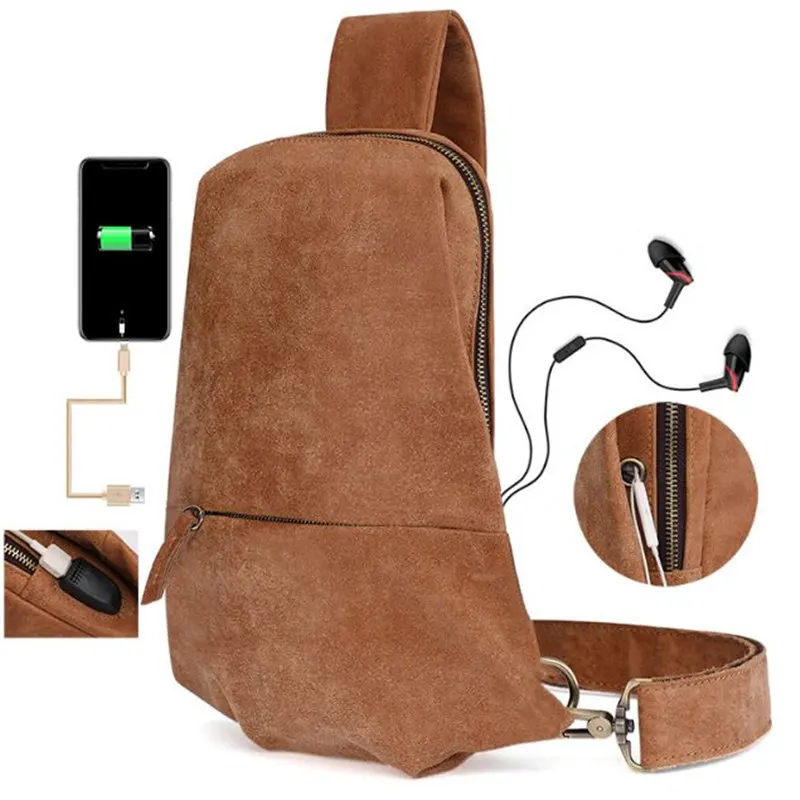 

Nesitu Vintage Brown Vintage Soft Real Genuine Leather Women Men Chest Bag Male Messenger Bags with USB Charging Interface M6399