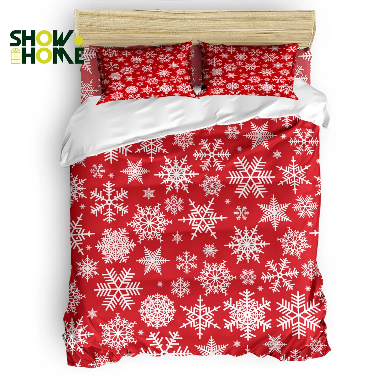 

SHOWHOME Duvet Cover Christmas Snowflakes Red Happy New YearDuvet Cover Set 4 Piece Bedding Set For Beds