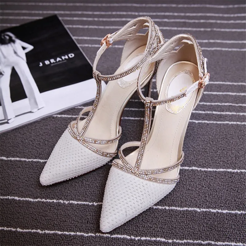 2017 Crossed Crystal Women Pumps Buckle Strap Women Shoes Sandals Thin High Heels Cut Out Sapato Femininos Bride Chaussure Femme