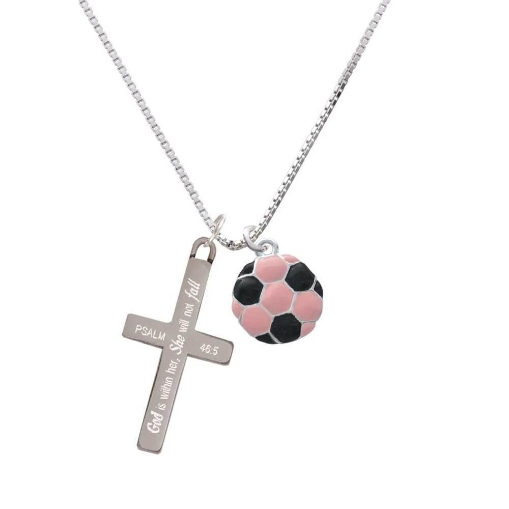 2-D Pink Soccer ball - She will not Fall - Cross Necklace
