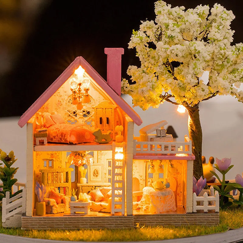 DIY кукольный домик ручной работы, комплект из мебели, миниатюрные флэш-музыки с подсветкой, деревянная игрушка, весенний цветок, подарок на день рождения детям, взрослым, сувениры